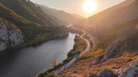 Castle Toward River Through Mountain Landscape Stock Footage 337251016