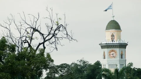 Castle tower with flag moving in wind during day time, Guayaquil, Ecuador Stock Footage 143014388