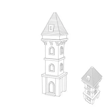 Castle tower. Isolated on white background. Vector outline illustration. 스톡 일러스트