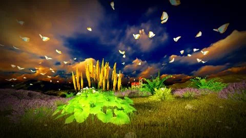 Castle towering over lavender fields Stock Illustration