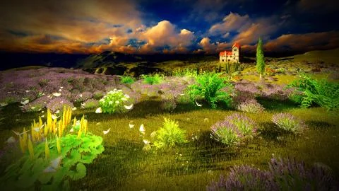 Castle towering over lavender fields Stock Illustration