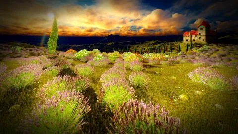Castle towering over lavender fields Stock Illustration