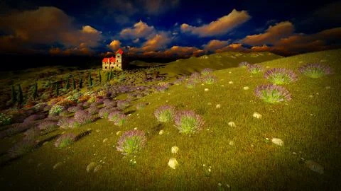 Castle towering over lavender fields Stock Illustration