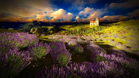 Castle towering over lavender fields Stock Illustration