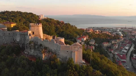 Castle Trsat Rijeka Croatia Orbit Golden Hour Stock Footage