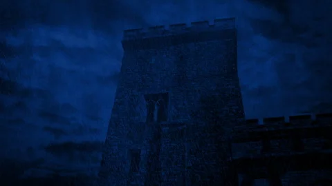 Castle Turret In Rainfall At Night Stock Footage 319493756