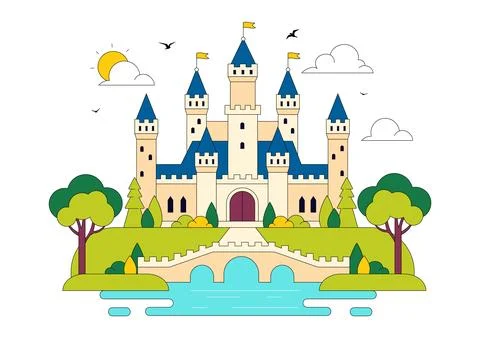 Castle Vector Illustration Featuring Fairytale Royal Palace, Medieval Fortr.. Stock Illustration