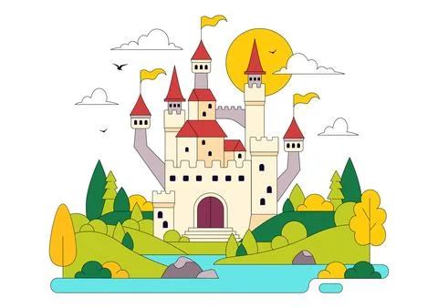 Castle Vector Illustration Featuring Fairytale Royal Palace, Medieval Fortr.. Stock Illustration