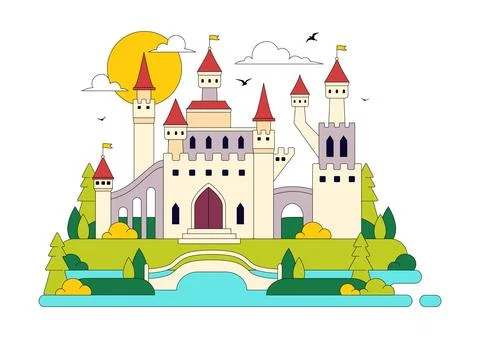 Castle Vector Illustration Featuring Fairytale Royal Palace, Medieval Fortr.. Stock Illustration