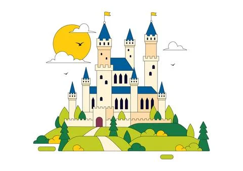 Castle Vector Illustration Featuring Fairytale Royal Palace, Medieval Fortr.. Stock Illustration