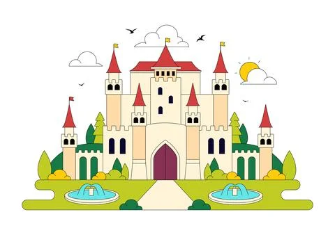 Castle Vector Illustration Featuring Fairytale Royal Palace, Medieval Fortr.. Stock Illustration