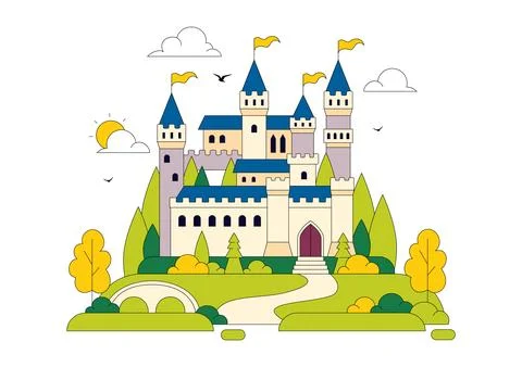 Castle Vector Illustration Featuring Fairytale Royal Palace, Medieval Fortr.. Stock Illustration