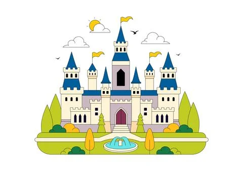 Castle Vector Illustration Featuring Fairytale Royal Palace, Medieval Fortr.. Stock Illustration