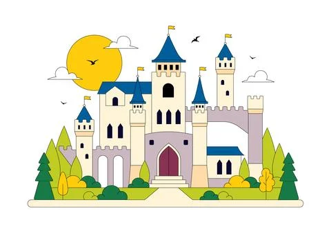 Castle Vector Illustration Featuring Fairytale Royal Palace, Medieval Fortr.. Stock Illustration