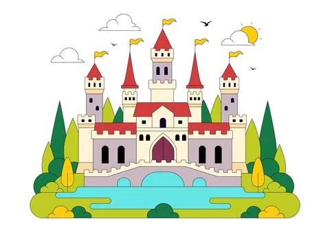 Castle Vector Illustration Featuring Fairytale Royal Palace, Medieval Fortr.. Stock Illustration