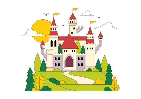 Castle Vector Illustration Featuring Fairytale Royal Palace, Medieval Fortr.. Stock Illustration