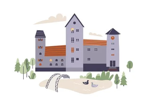 Castle vector illustration with trees and pond with ducks, bridge. History house Stock Illustration