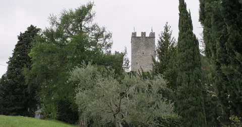 Castle of Vezio or Castello di Vezio tower in the woods on a cloudy day. Lake Stock Footage 288079542