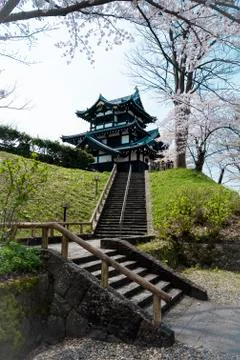 Castle view during cherry blossom Stock Photos