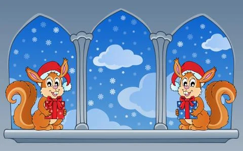 Castle window with christmas theme - illustration. Stock Illustration