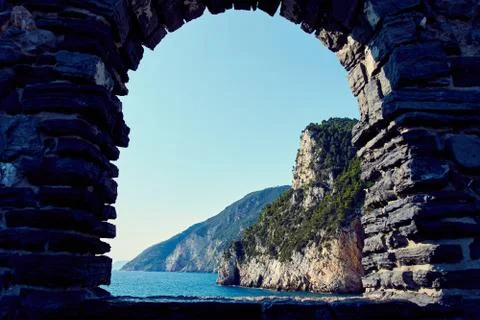 Castle Window with View of the Ocean Foto stock