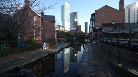 Castlefield Basin and Beetham Tower, Manchester, Lancashire, England Stock Footage 292990591