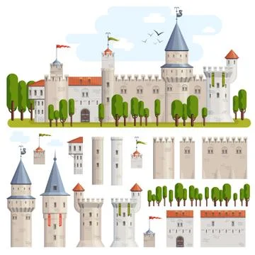 Castles constructor vector illustration game set with elements of old medieval 스톡 일러스트