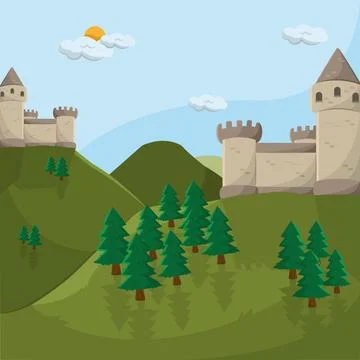 Castles on mountain hills. Vector Stock Illustration