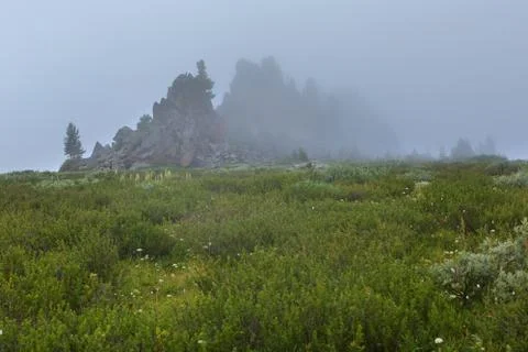 Castles of mountain spirits are cliffs in the fog located in vicinity of Karakol Stock Photos
