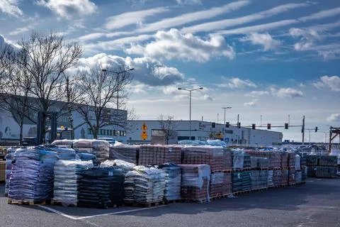 Castorama store with construction materials stacked in front of the building. Stock Photos