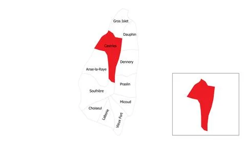 Castries district map highlighted in vibrant red on the island outline of Saint Stock Illustration