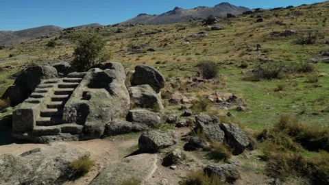 Castro de Ulaca Megalithic Steps in Spain, R to L Drone Flyover, 4K Video stock 297225978