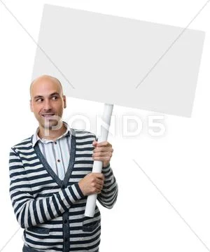 Casual bald man holding placard on a stick Stock Photos