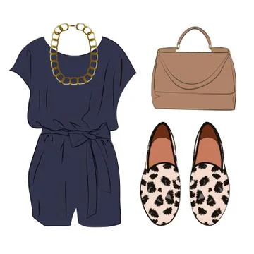 Casual chic styling idea, look with romper, bag and animal print shoes Stock Illustration