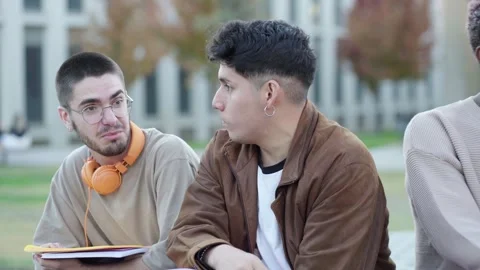 Casual conversation: two men talking in a city park. Stock Footage 261699695