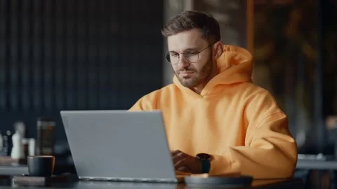 Casual Dressed Man Using Portable Computer In Restaurant, Portrait Of IT Stock Footage 344531798