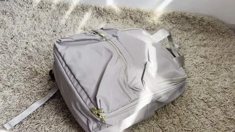 Casual gray backpack being dropped onto a fluffy carpet in a sunlit room wi.. Vídeos de archivo 334617304