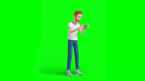 Casual Man Capturing Images With Mobile Phone Walking on Green Background Stock Footage 329733197