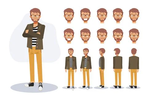Casual man ,Front, side, back view animated character. Flat Vector Character  Illustrazione stock