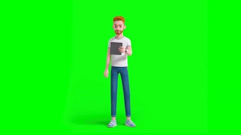 Casual Man Interacts With Tablet Standing on Green Background Stock Footage 330034924