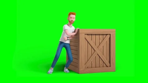 Casual Man Pushes Block Box With Back and Failing on Green Background Video stock 329733204