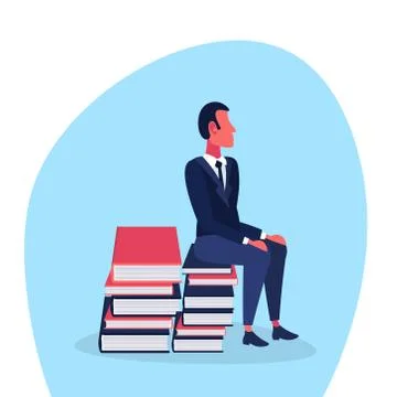 Casual man sitting book stack brainstorming concept student education process Stock Illustration