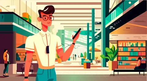 Casual man using smartphone in modern retail store with many shops shopping mall Stock Illustration