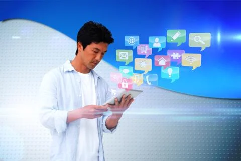 Casual man using tablet with app icons Stock Illustration