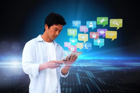 Casual man using tablet with app icons Illustrazione stock