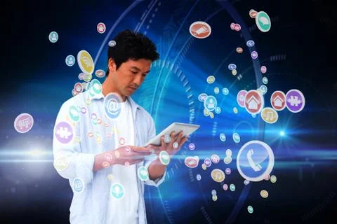 Casual man using tablet with app icons Stock Illustration
