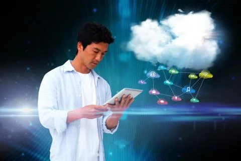 Casual man using tablet with app icons and cloud イラスト素材