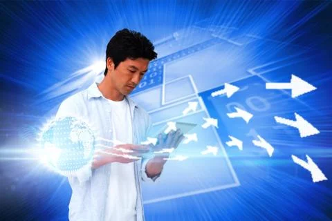 Casual man using tablet with arrows Stock Illustration