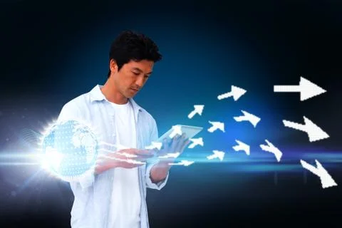 Casual man using tablet with arrows Illustrazione stock