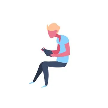 Casual man using tablet character sitting pose isolated male cartoon full length イラスト素材
